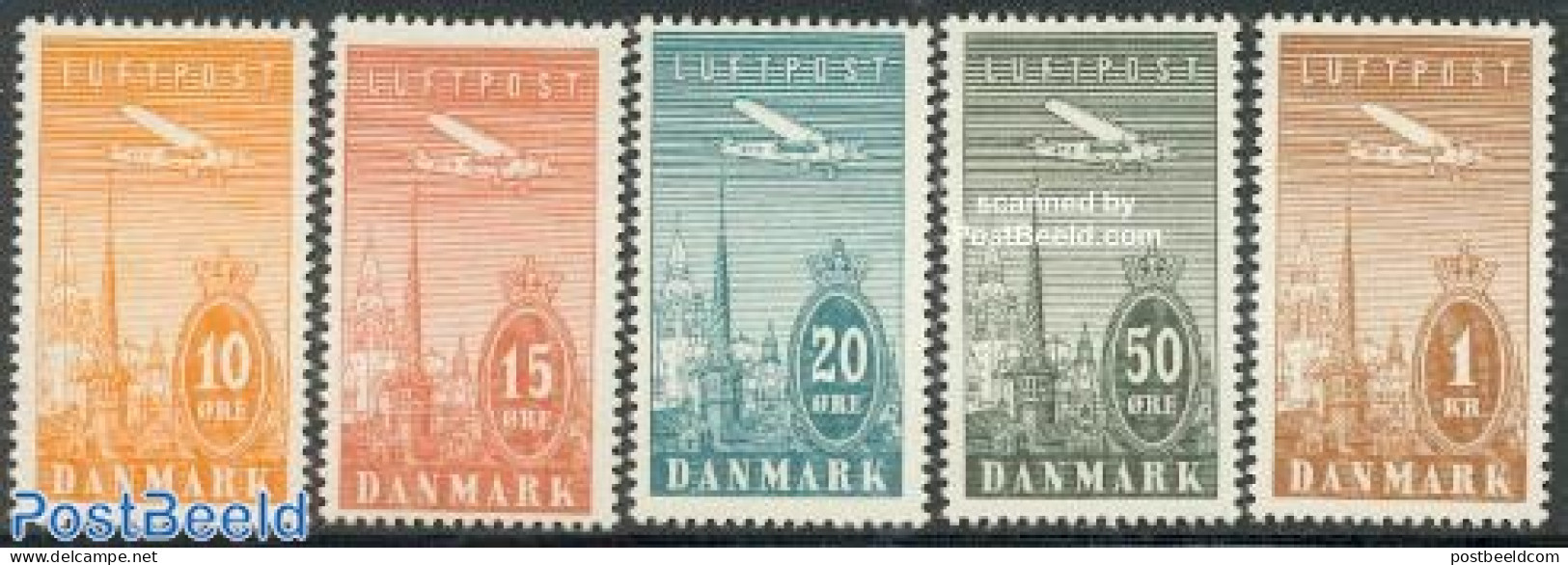 Denmark 1934 Airmail Definitives 5v, Unused (hinged), Transport - Fokker Airplanes - Aircraft & Aviation - Unused Stamps