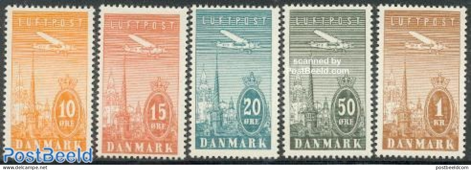 Denmark 1934 Airmail Definitives 5v, Unused (hinged), Transport - Fokker Airplanes - Aircraft & Aviation - Nuevos