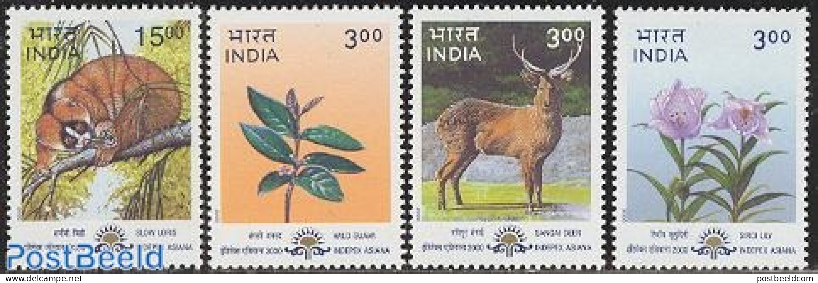 India 2000 Flora & Fauna 4v, Mint NH, Nature - Animals (others & Mixed) - Deer - Flowers & Plants - Unused Stamps