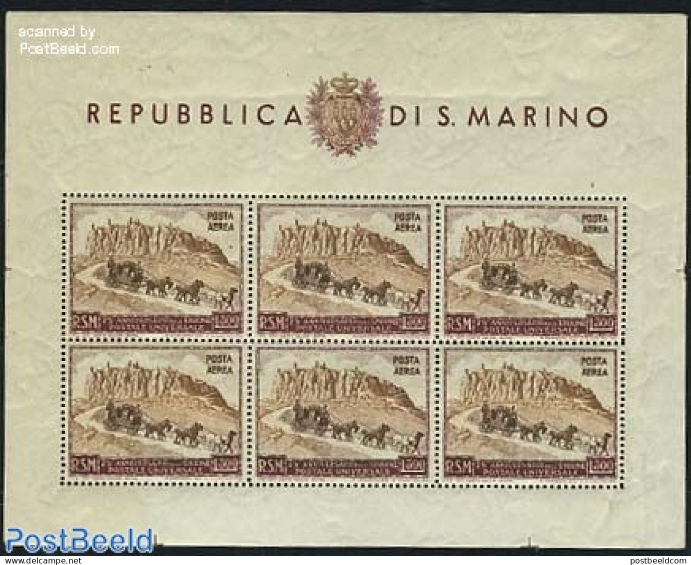 San Marino 1951 75 Years UPU M/s, Mint NH, Nature - Transport - Horses - U.P.U. - Coaches - Ungebraucht