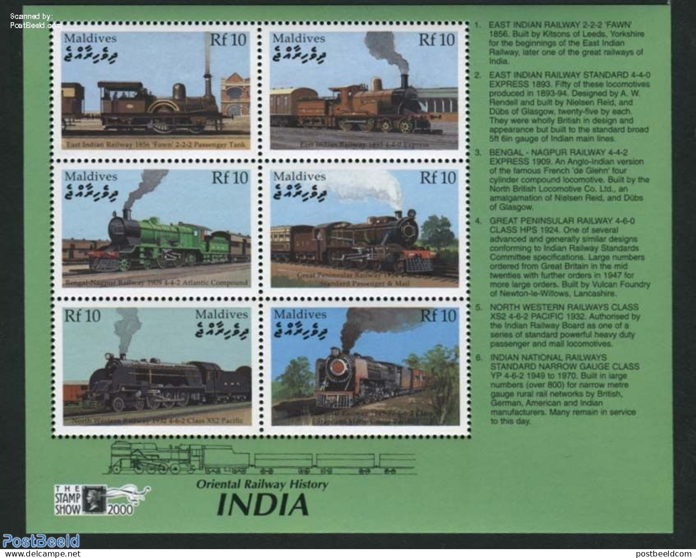 Maldives 2000 Stamp Show 6v M/s, Mint NH, Transport - Railways - Eisenbahnen