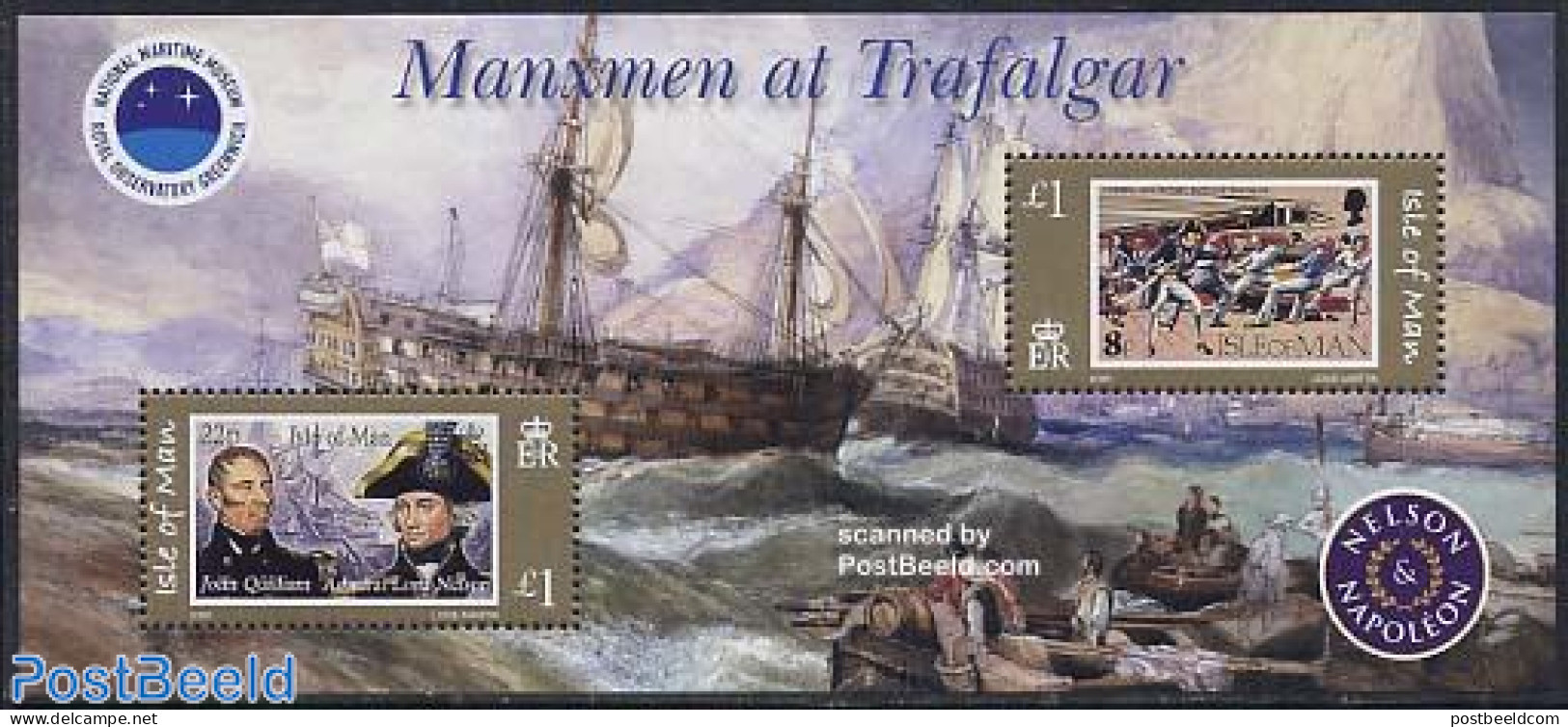 Isle Of Man 2005 Manxmen At Trafalgar S/s, Mint NH, History - Transport - History - Stamps On Stamps - Ships And Boats - Postzegels Op Postzegels