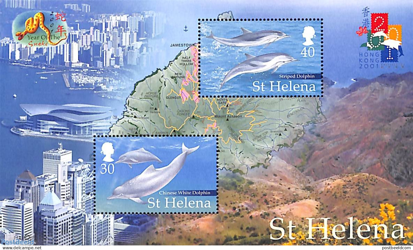 Saint Helena 2001 Hong Kong, Dolphins S/s, Mint NH, Nature - Various - Sea Mammals - Maps - Geography
