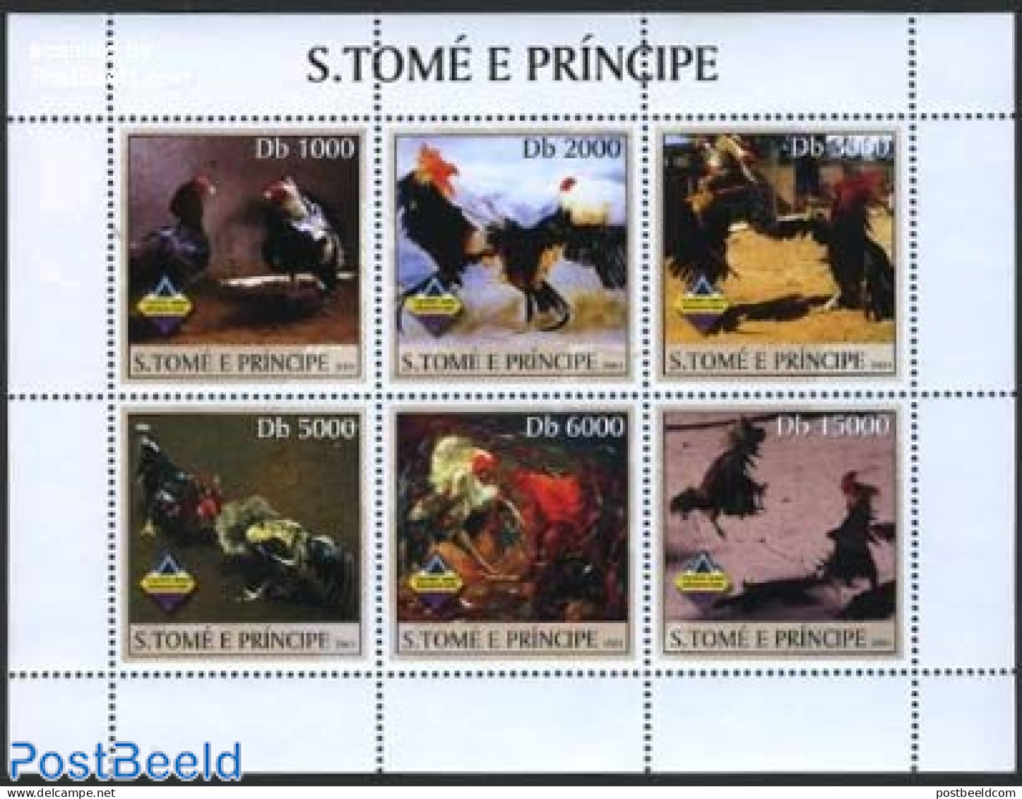 Sao Tome/Principe 2003 Fighting Roosters 6v M/s, Mint NH, Nature - Birds - Poultry - Sao Tome Et Principe