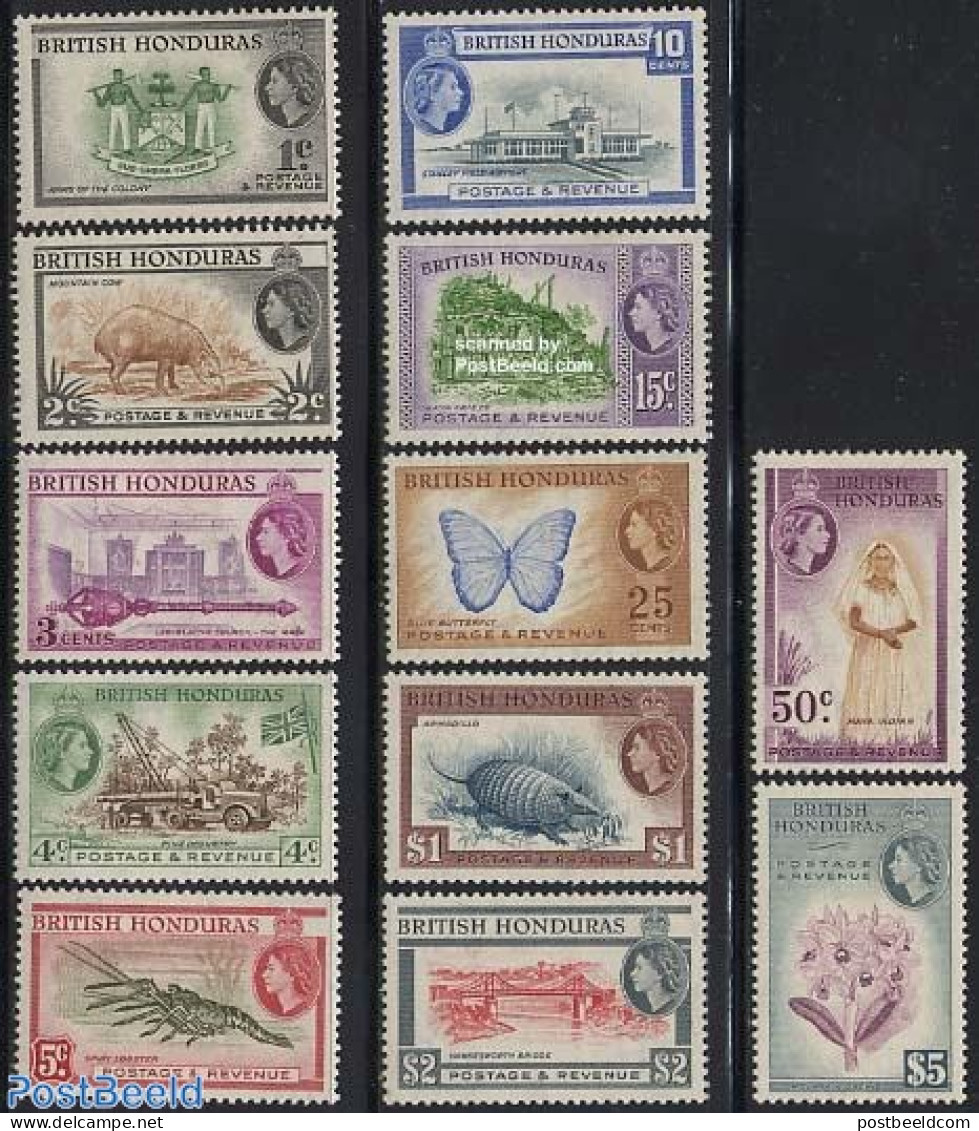 Belize/British Honduras 1953 Definitives 12v, Unused (hinged), Nature - Transport - Animals (others & Mixed) - Butterf.. - Maritiem Leven