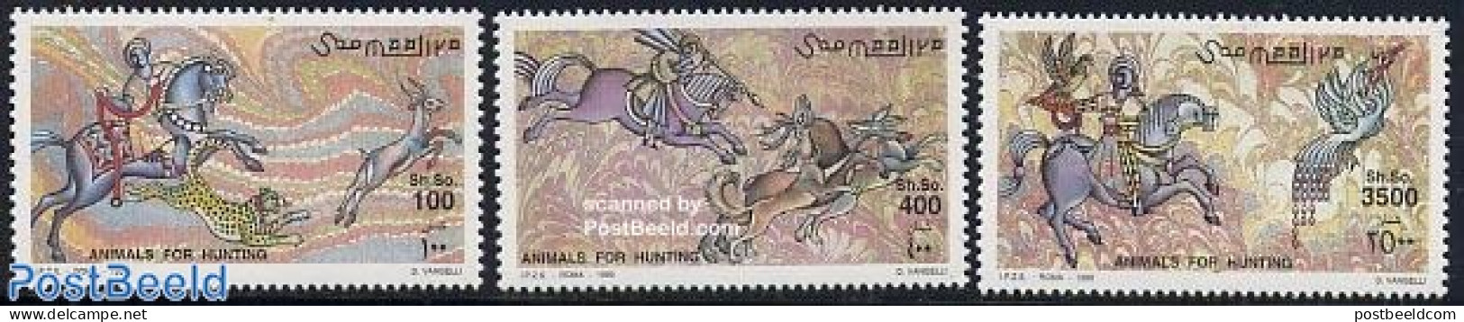 Somalia 1999 Animals For Hunting 3v, Mint NH, Nature - Animals (others & Mixed) - Cat Family - Dogs - Horses - Hunting - Somalië (1960-...)