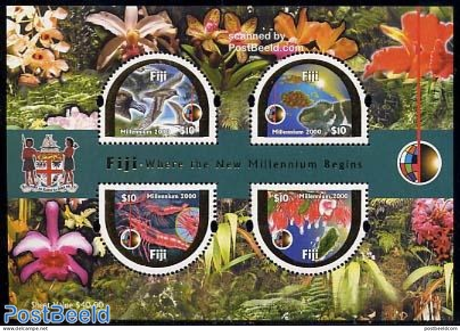 Fiji 2000 New Millennium S/s, Mint NH, Nature - Various - Birds - Flowers & Plants - Reptiles - New Year - Crabs And L.. - New Year