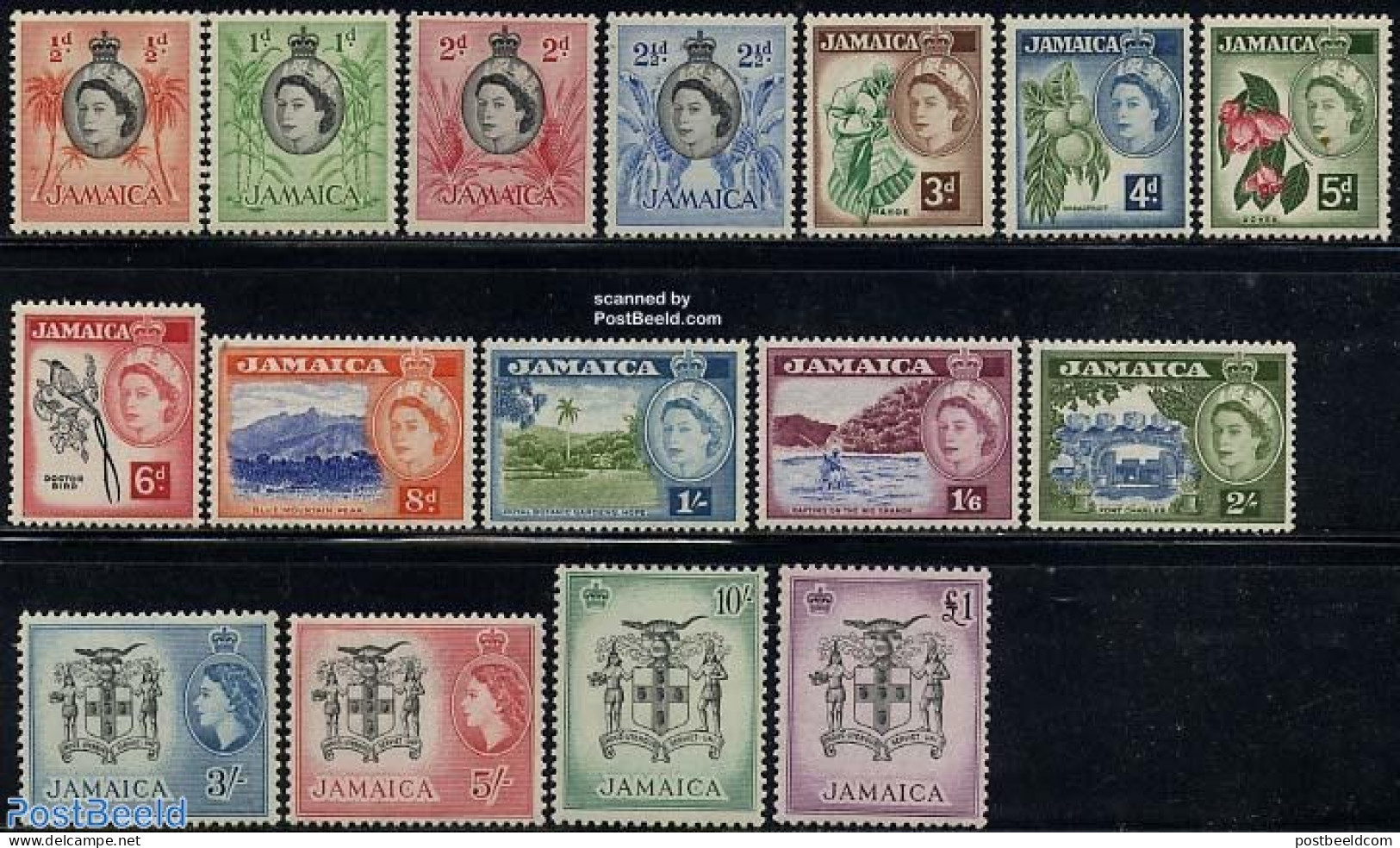 Jamaica 1956 Definitives 16v, Mint NH, History - Nature - Coat Of Arms - Flowers & Plants - Fruit - Frutta