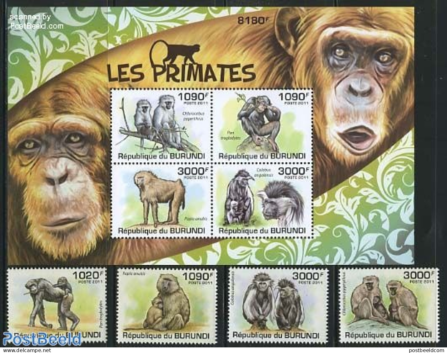 Burundi 2011 Monkeys 4v + S/s, Mint NH, Nature - Animals (others & Mixed) - Monkeys - Andere & Zonder Classificatie
