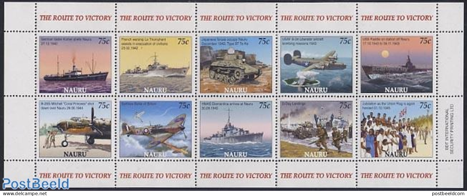 Nauru 2005 The Route To Victory 10v M/s, Mint NH, History - Transport - World War II - Aircraft & Aviation - Ships And.. - Guerre Mondiale (Seconde)