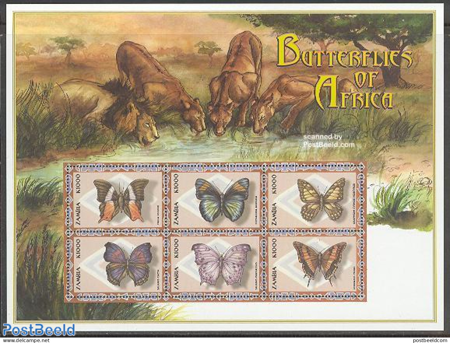 Zambia 2000 Butterflies 6v M/s, Palla Usheri, Mint NH, Nature - Butterflies - Zambie (1965-...)