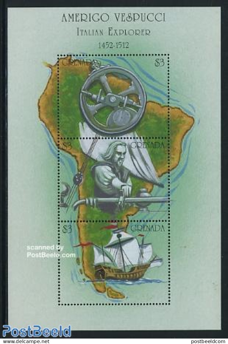 Grenada 2002 Amerigo Vespucci 3v M/s, Mint NH, History - Science - Transport - Various - Explorers - Weights & Measure.. - Explorers