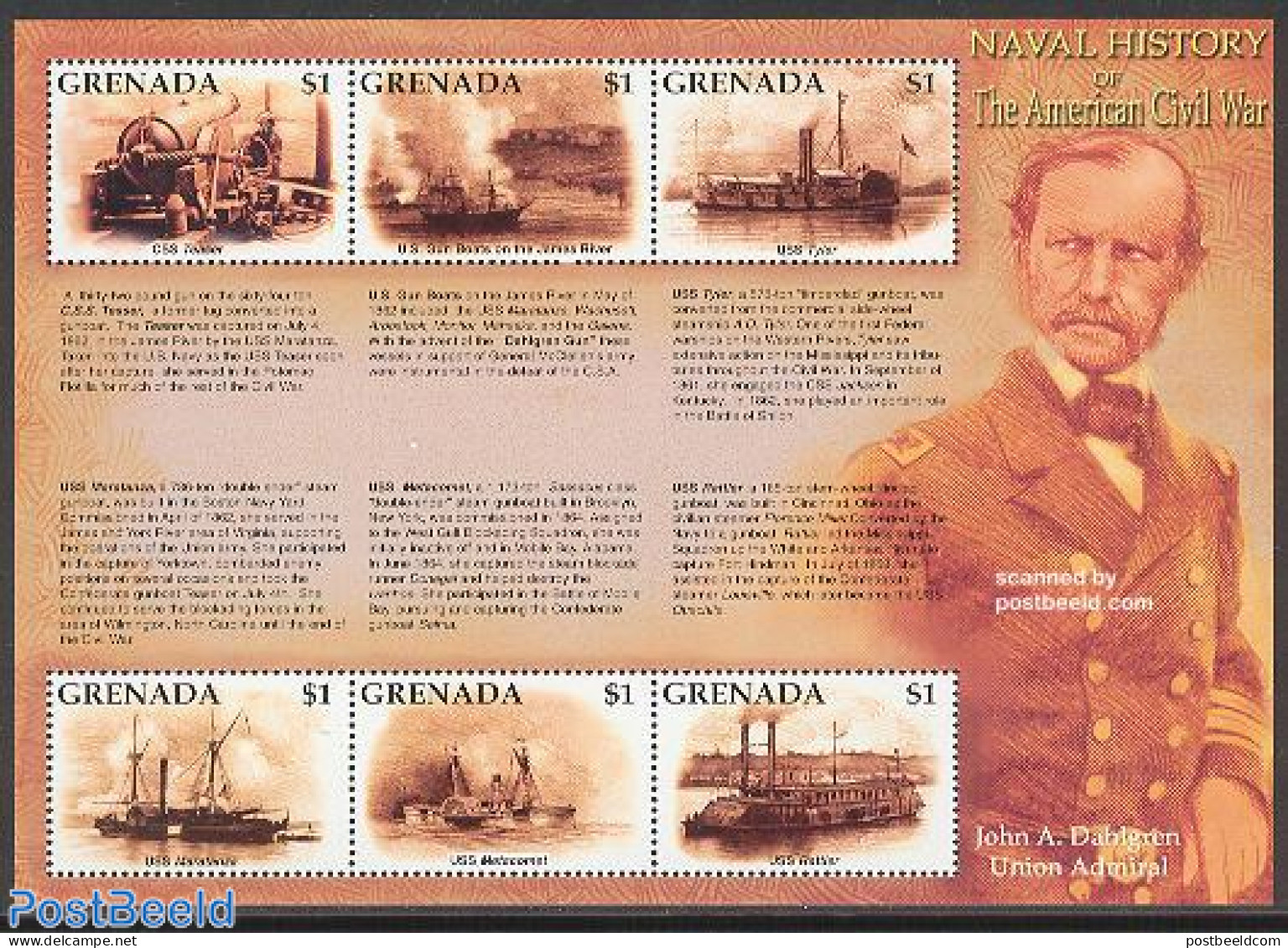Grenada 2002 Civil War 6v M/s, CSS Teaser, Mint NH, History - Transport - Militarism - Ships And Boats - Militaria