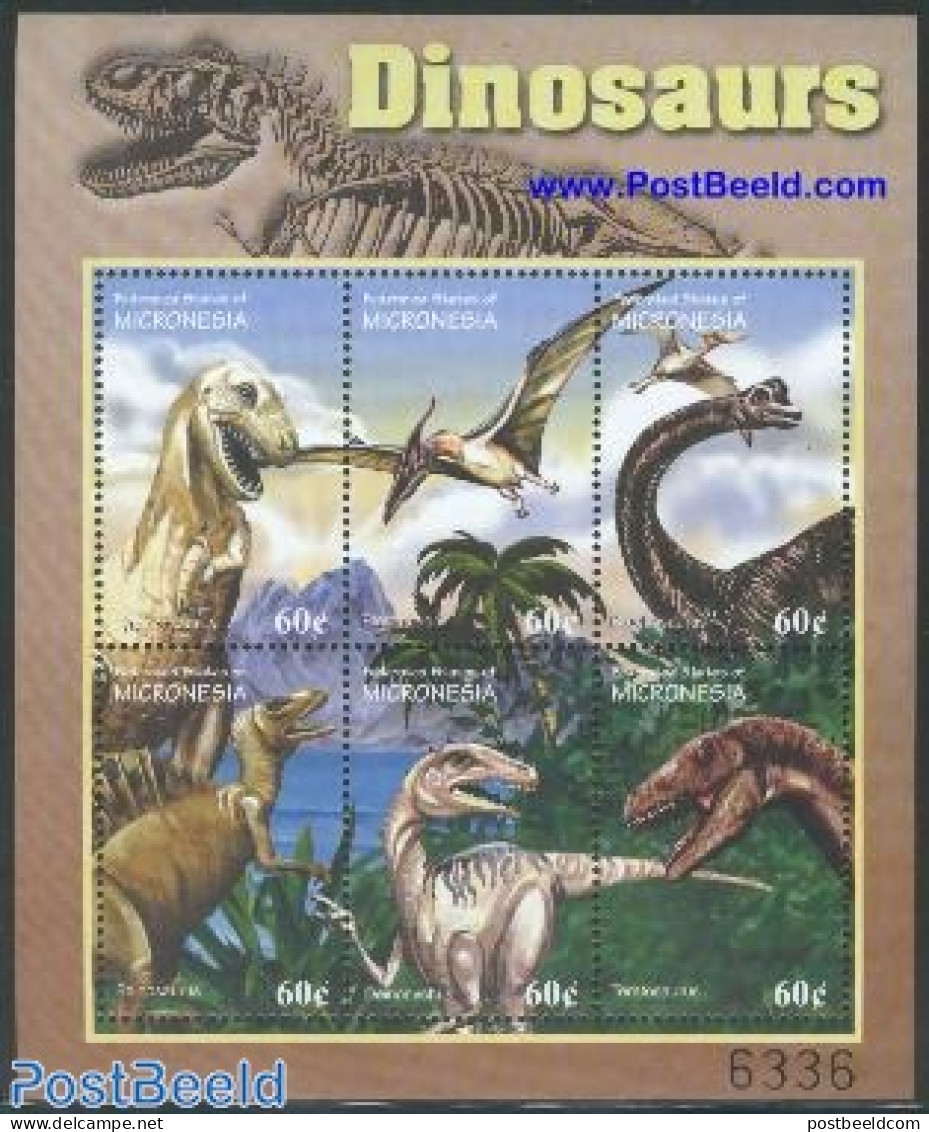 Micronesia 2001 Dinosaurs 6v M/s, Tyrannosaurus 6v M/s, Mint NH, Nature - Prehistoric Animals - Prehistóricos