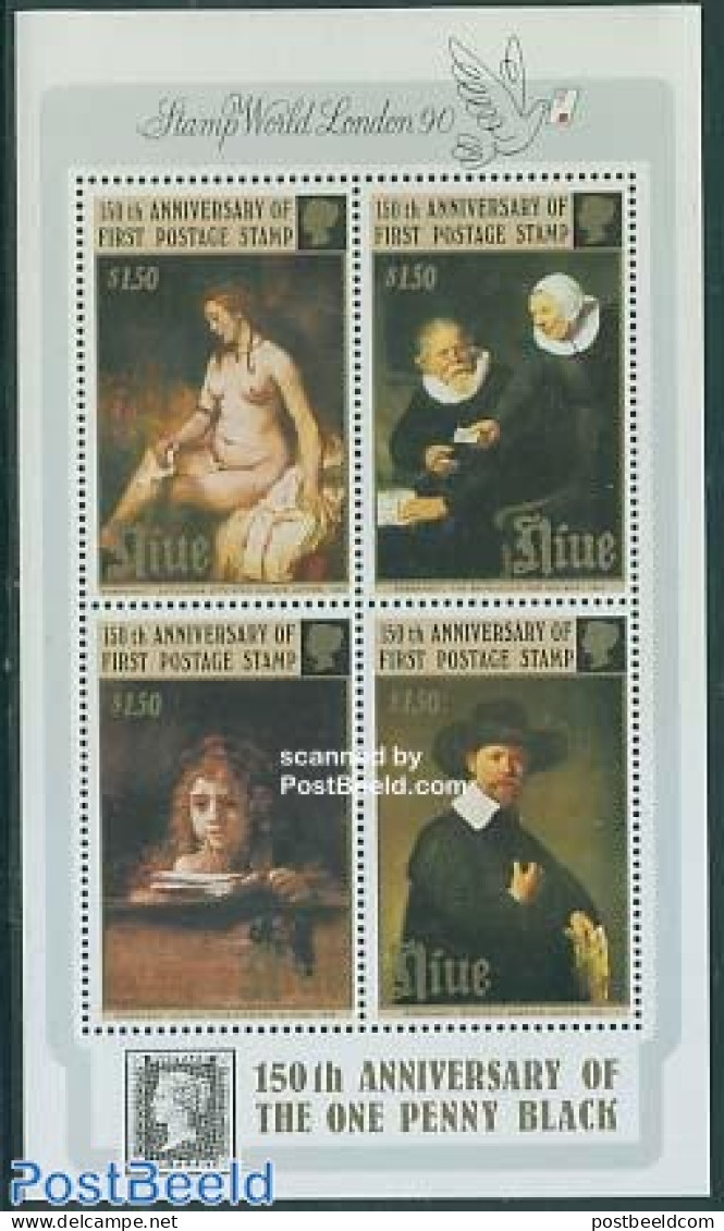 Niue 1990 Rembrandt Paintings S/s, Mint NH, Philately - Stamps On Stamps - Art - Nude Paintings - Paintings - Rembrandt - Briefmarken Auf Briefmarken