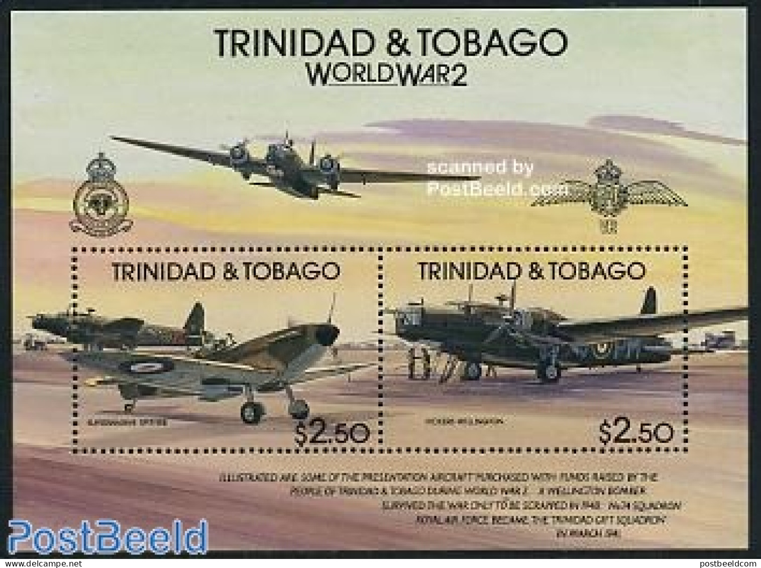 Trinidad & Tobago 1991 World War II S/s, Mint NH, History - Transport - World War II - Aircraft & Aviation - WW2