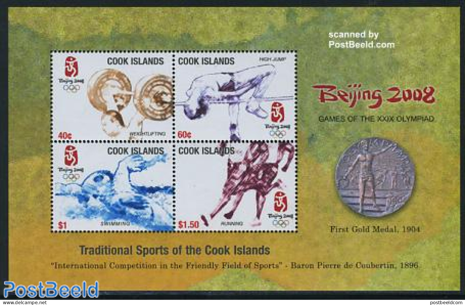 Cook Islands 2008 Beijing Olympics 4v M/s, Mint NH, Nature - Sport - Horses - Athletics - Olympic Games - Swimming - W.. - Leichtathletik