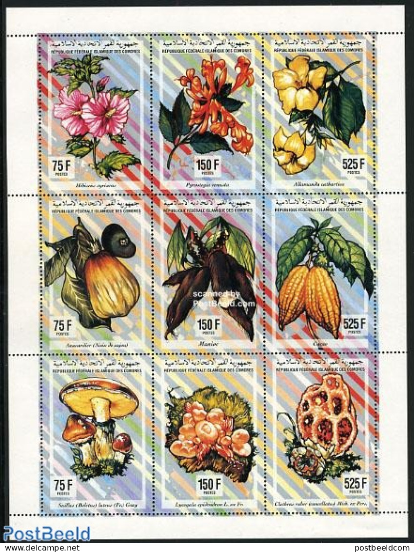 Comoros 1994 Flora 9v M/s, Mint NH, Nature - Flowers & Plants - Fruit - Mushrooms - Obst & Früchte