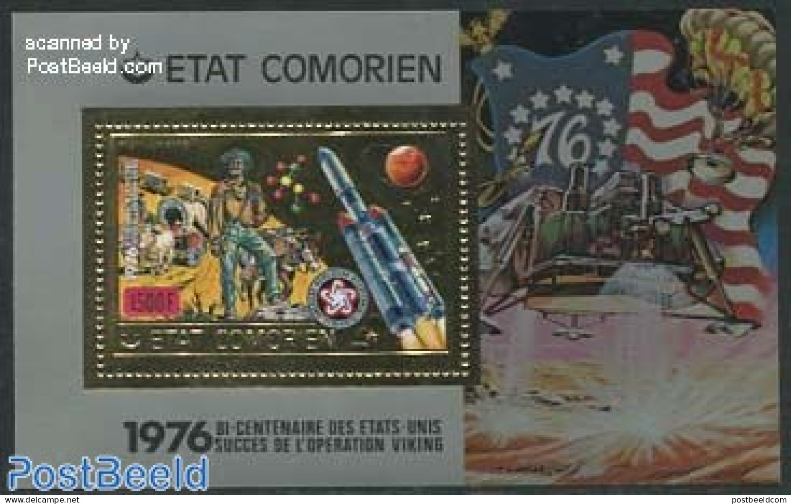 Comoros 1976 Viking S/s, Gold, Mint NH, Transport - Space Exploration - Comores (1975-...)