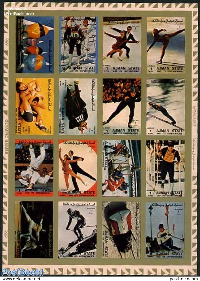 Ajman 1973 Olympic Games 16v M/s, Imperforated, Mint NH, Sport - (Bob) Sleigh Sports - Fencing - Judo - Olympic Games .. - Winter (Other)