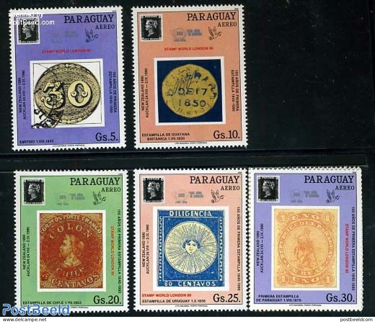 Paraguay 1989 150 Years Stamps 5v, Mint NH, Stamps On Stamps - Postzegels Op Postzegels