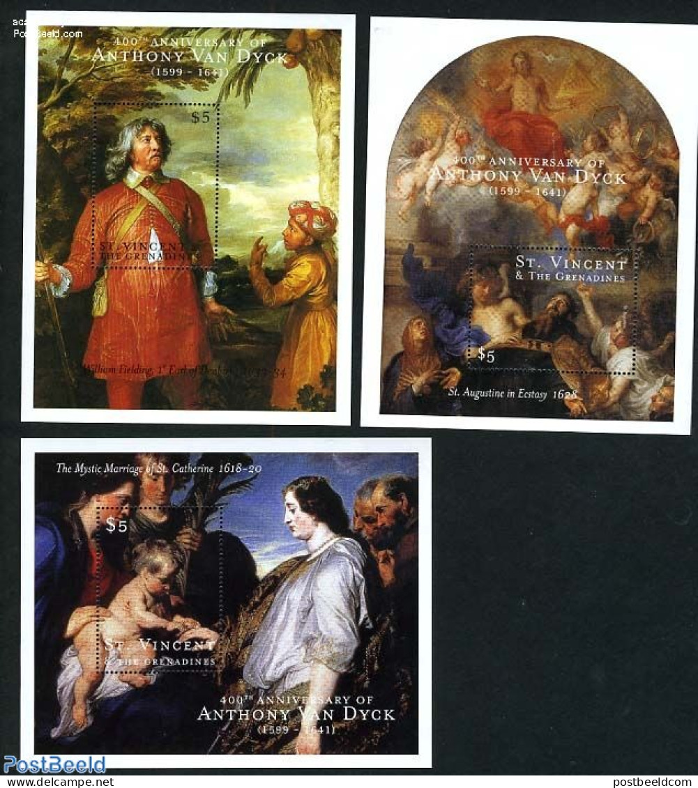 Saint Vincent 2000 Anthony Van Dyck 3 S/s, Mint NH, History - Netherlands & Dutch - Art - Paintings - Géographie