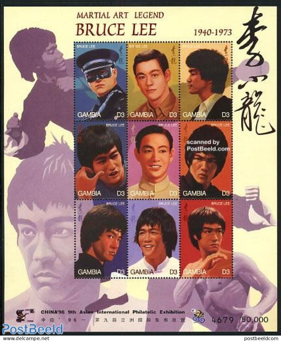 Gambia 1996 China 96, Bruce Lee 9v M/s, Mint NH, Performance Art - Movie Stars - Philately - Acteurs