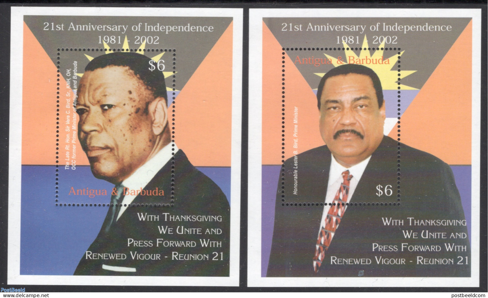 Antigua & Barbuda 2002 21 Years Independence 2 S/s, Mint NH, History - Politicians - Antigua And Barbuda (1981-...)