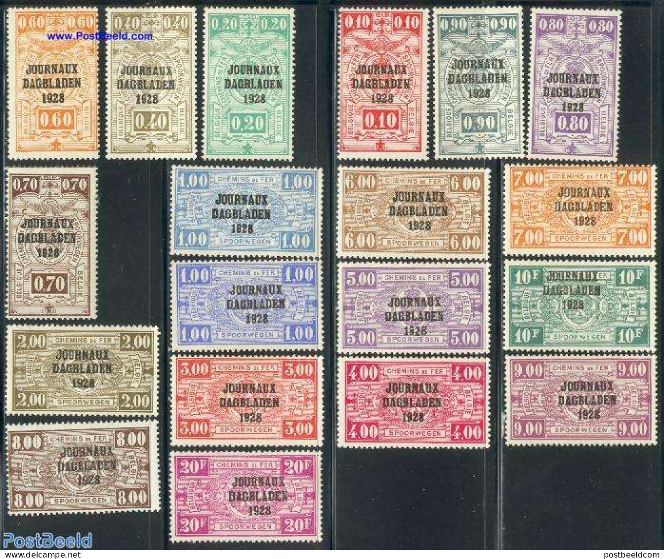 Belgium 1928 Newspaper Stamps 19v, Mint NH, History - Transport - Newspapers & Journalism - Railways - Nuovi