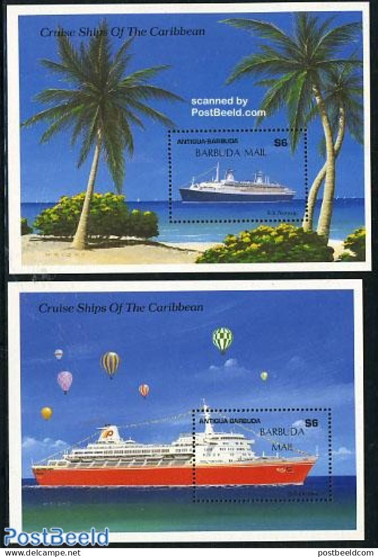 Barbuda 1989 Ships 2 S/s, Mint NH, Transport - Balloons - Ships And Boats - Montgolfières