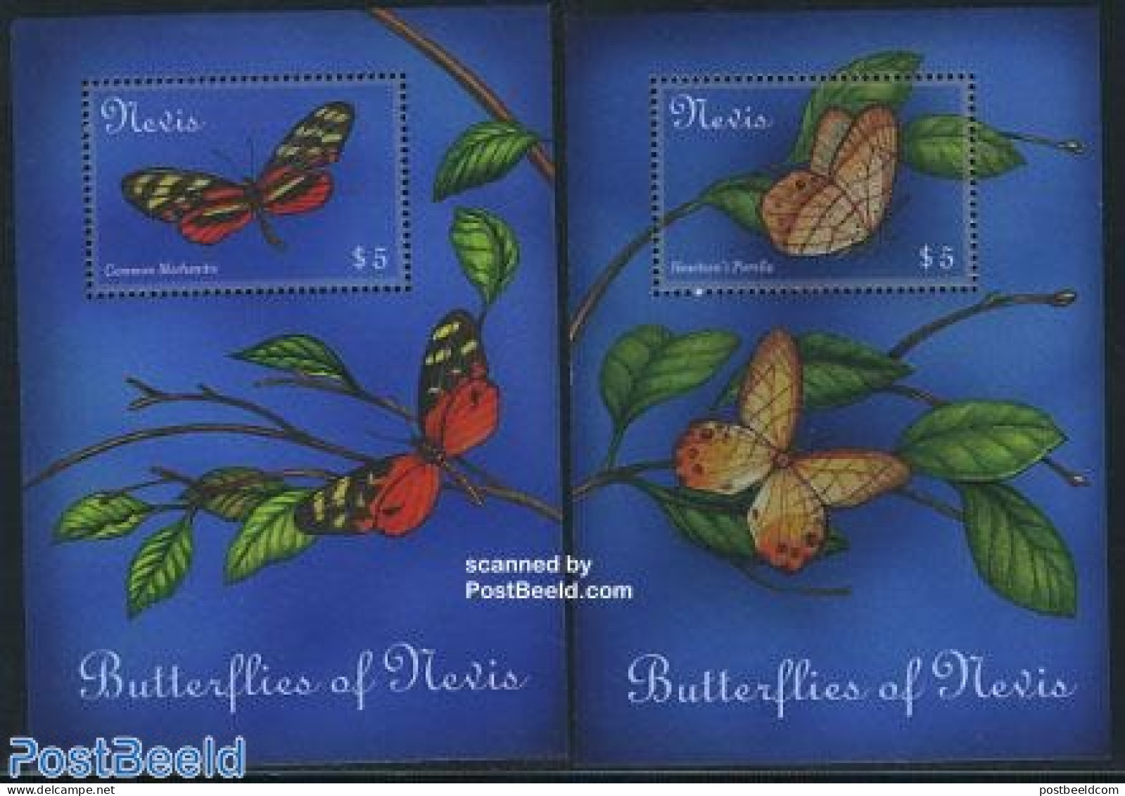 Nevis 2000 Butterflies 2 S/s, Mint NH, Nature - Butterflies - St.Kitts Und Nevis ( 1983-...)