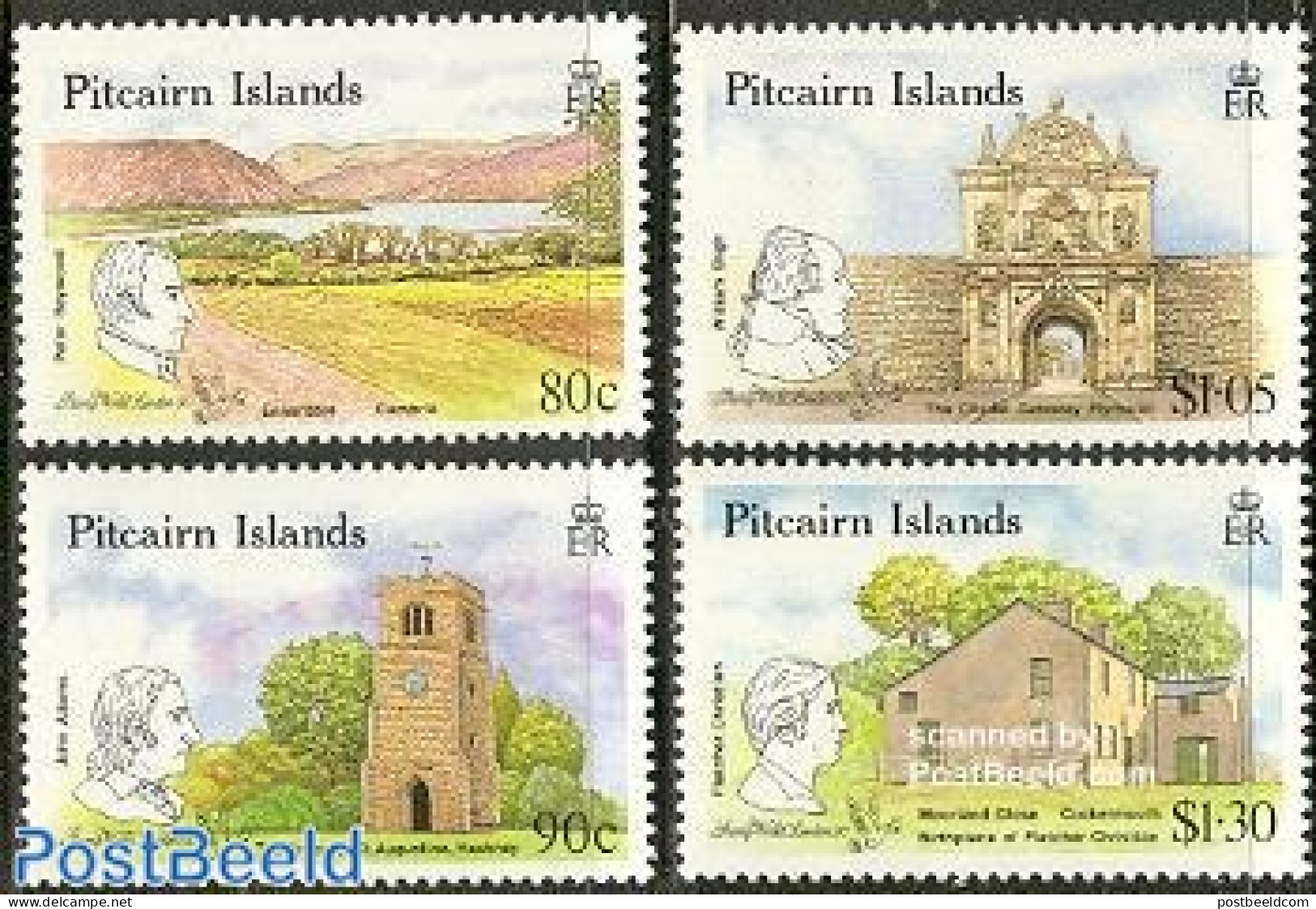 Pitcairn Islands 1990 Stamp World London 4v, Mint NH, Religion - Churches, Temples, Mosques, Synagogues - Philately - Kerken En Kathedralen