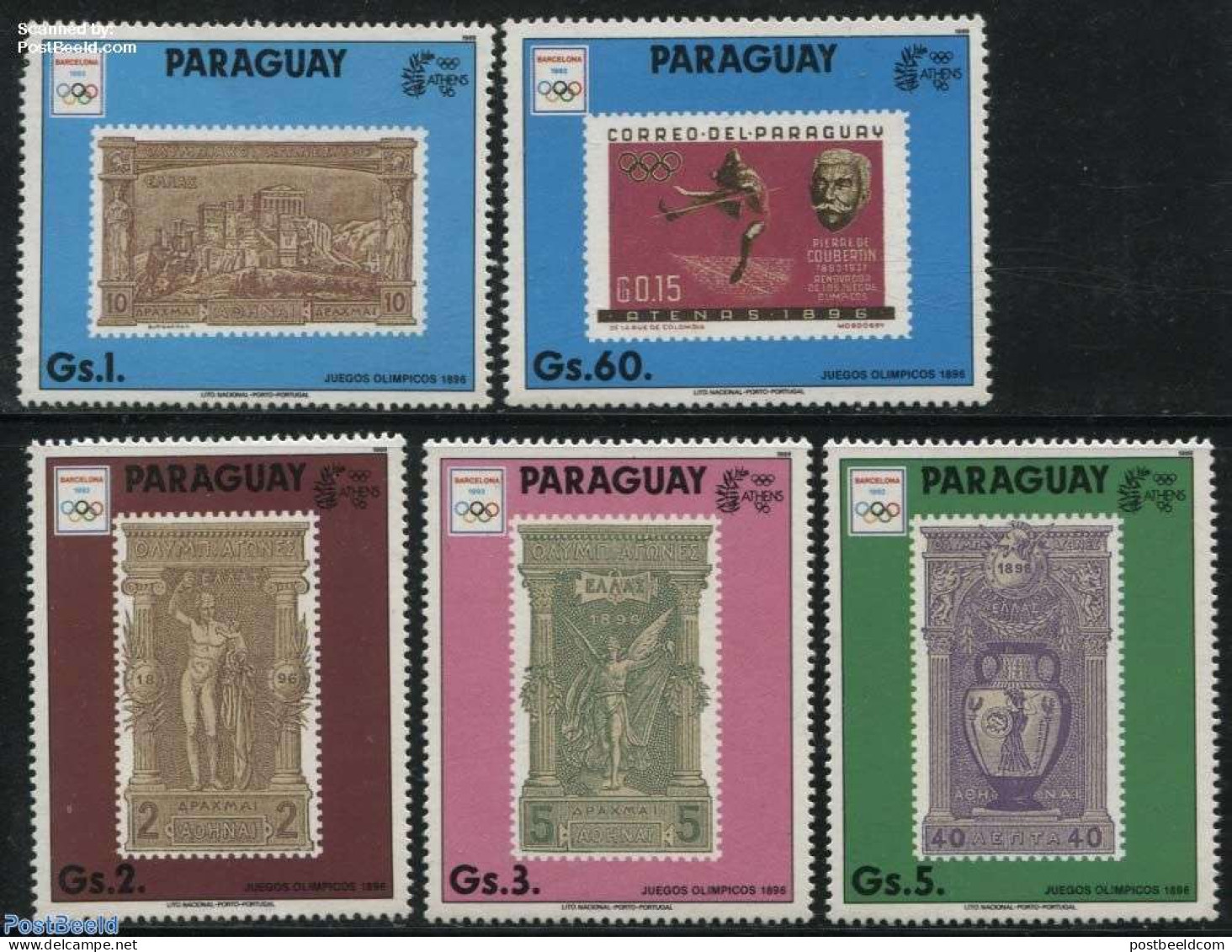 Paraguay 1990 Olympic Game Stamps 5v, Mint NH, Sport - Olympic Games - Stamps On Stamps - Postzegels Op Postzegels