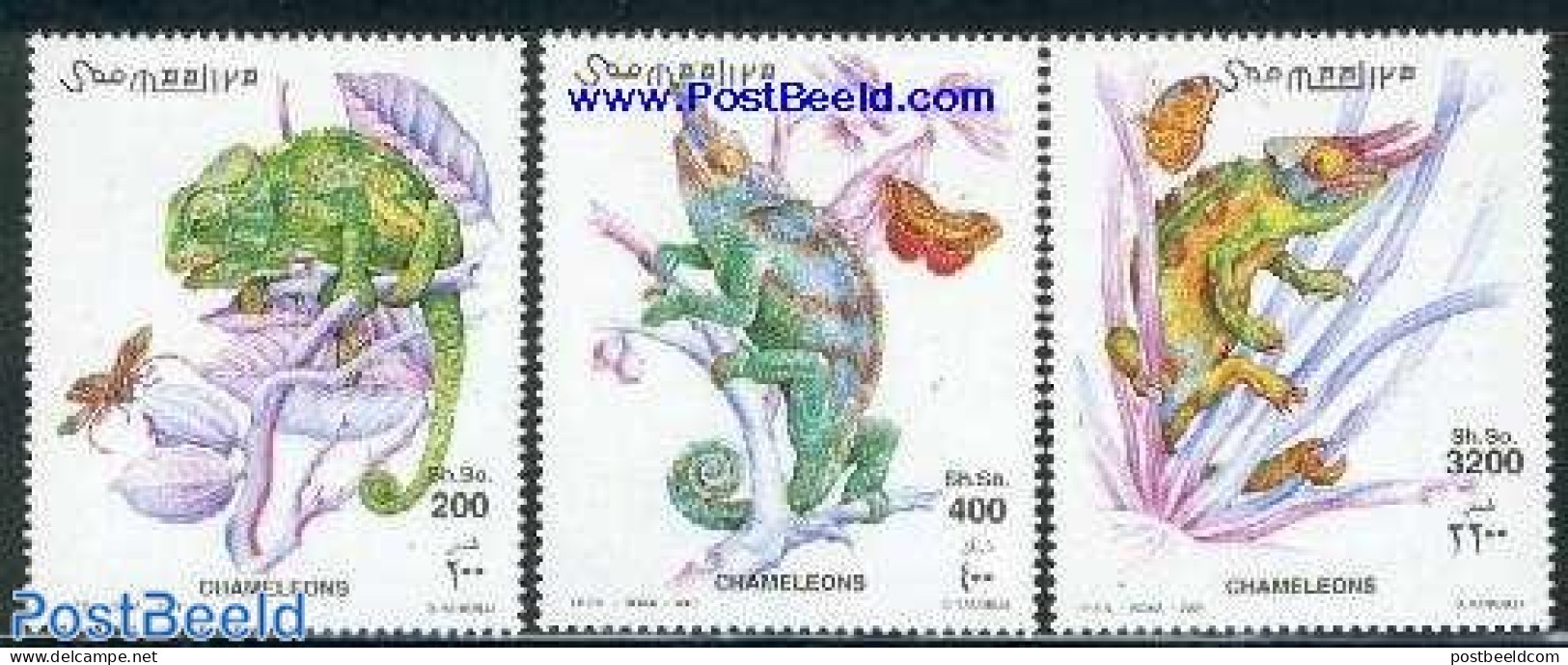 Somalia 2001 Chameleons, Butterflies 3v, Mint NH, Nature - Butterflies - Reptiles - Somalie (1960-...)