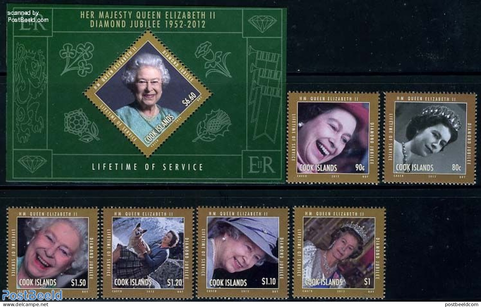 Cook Islands 2012 Queen Elizabeth II Diamond Jubilee 6v + S/s, Mint NH, History - Kings & Queens (Royalty) - Familias Reales