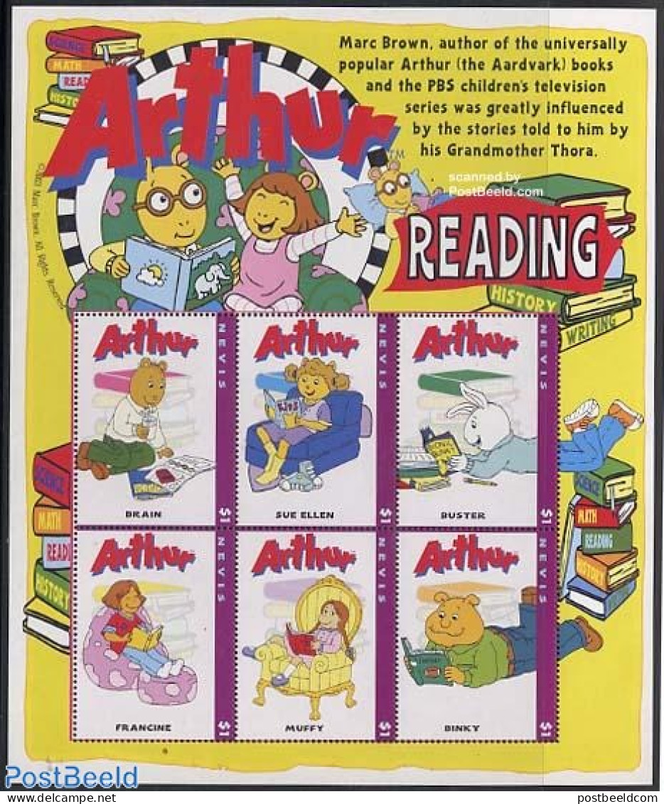 Nevis 2004 Arthur, Reading 6v M/s, Brain, Mint NH, Art - Books - Children's Books Illustrations - Libraries - St.Kitts And Nevis ( 1983-...)