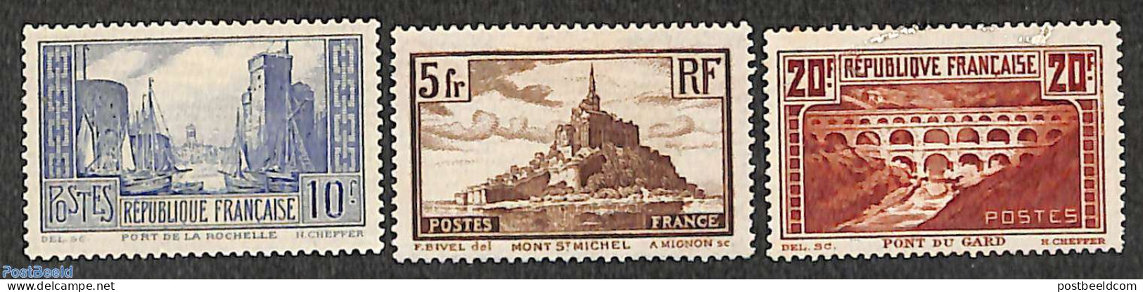 France 1929 Definitives 3v, Unused (hinged), Religion - Transport - Cloisters & Abbeys - Ships And Boats - Art - Bridg.. - Unused Stamps