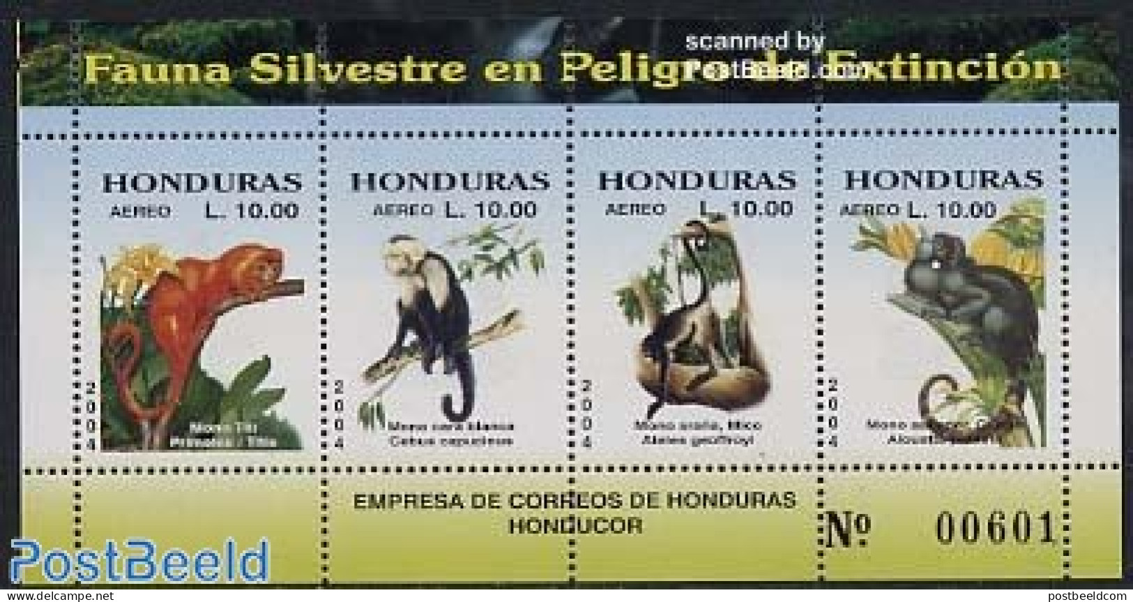 Honduras 2004 Animals 4v S/s, Mint NH, Nature - Animals (others & Mixed) - Monkeys - Honduras