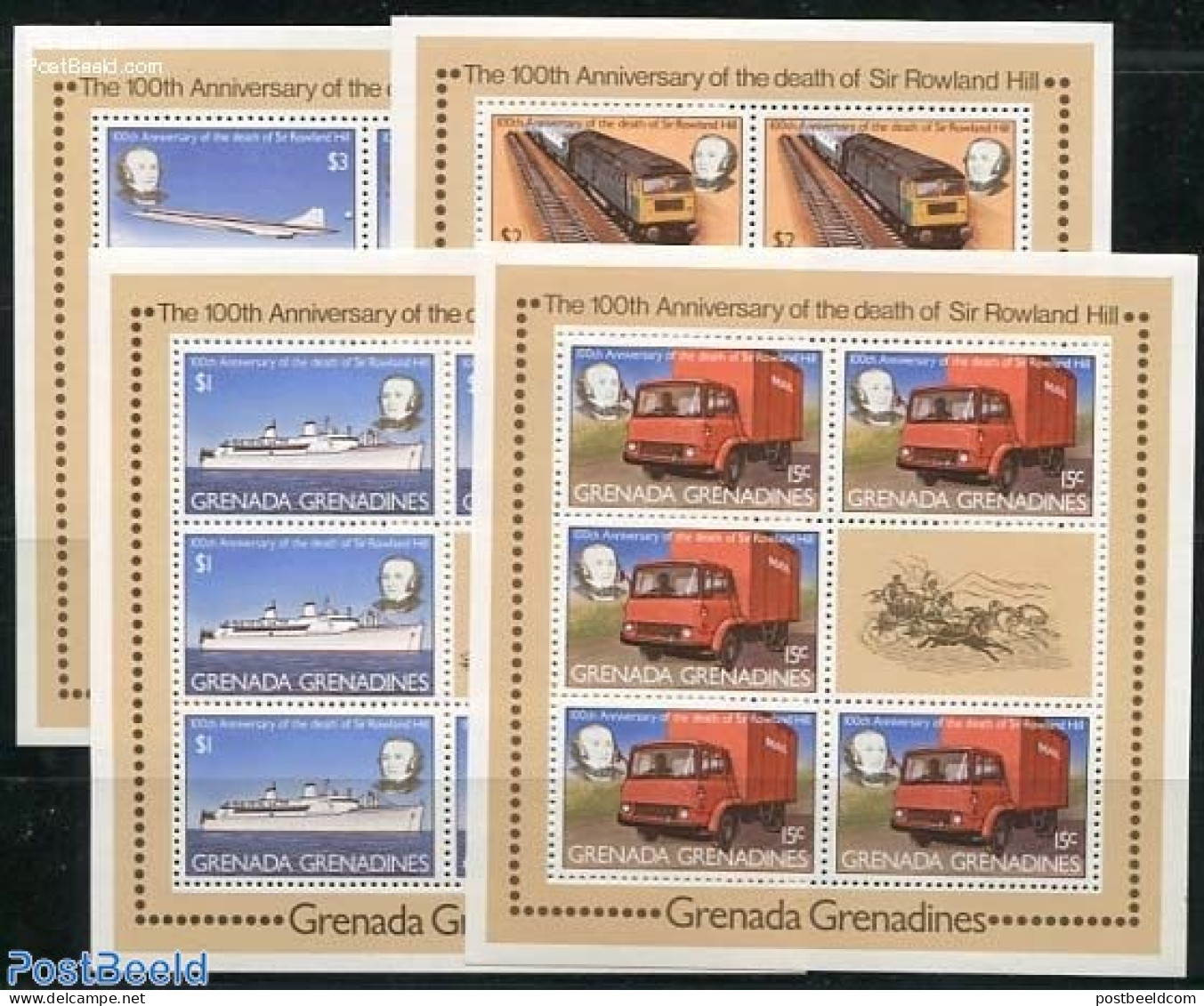 Grenada Grenadines 1979 Sir Rowland Hill 4 M/s, Mint NH, Transport - Automobiles - Concorde - Aircraft & Aviation - Ra.. - Automobili
