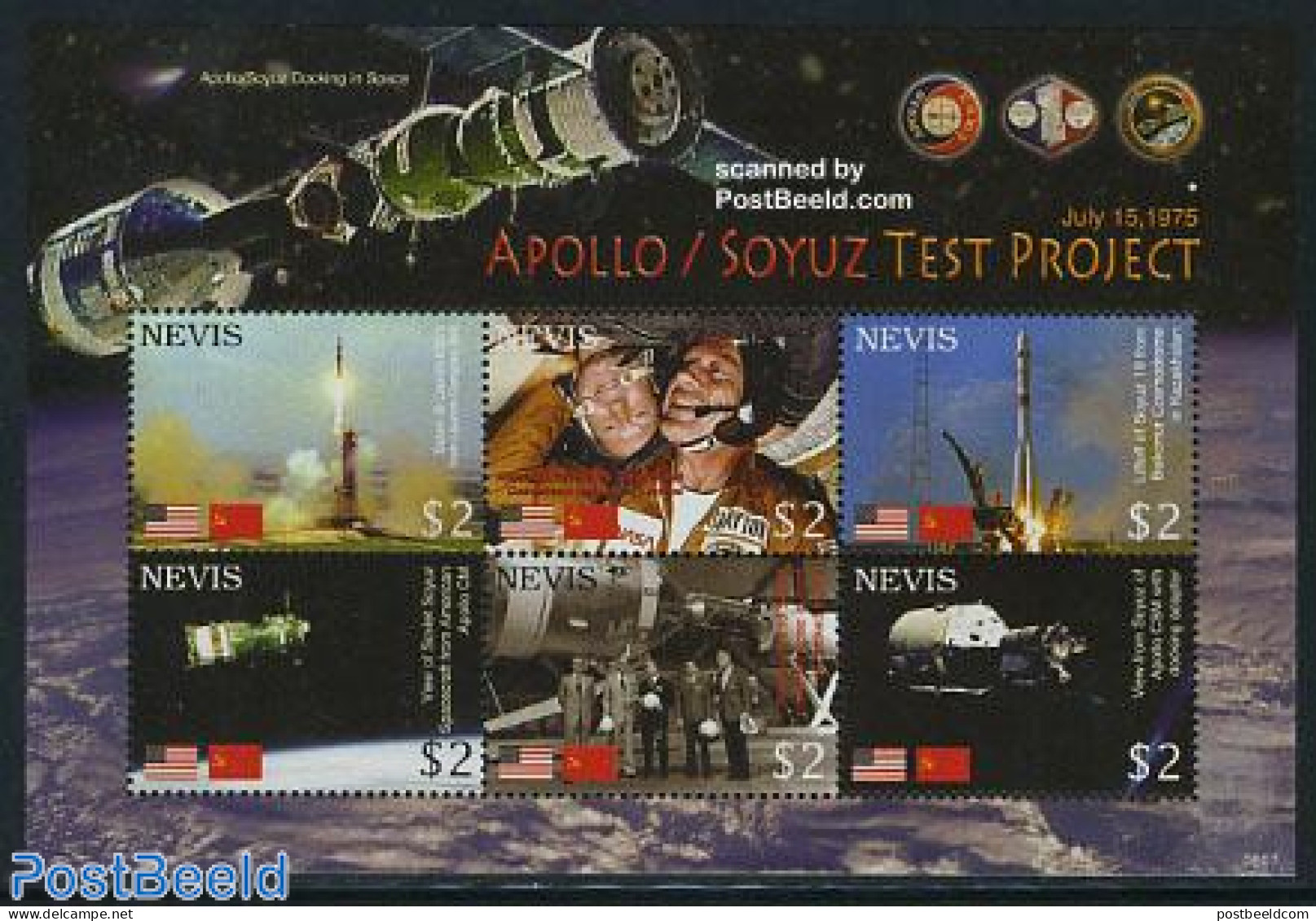 Nevis 2006 Apollo/Soyuz Test Project 6v M/s, Mint NH, Transport - Space Exploration - St.Kitts And Nevis ( 1983-...)