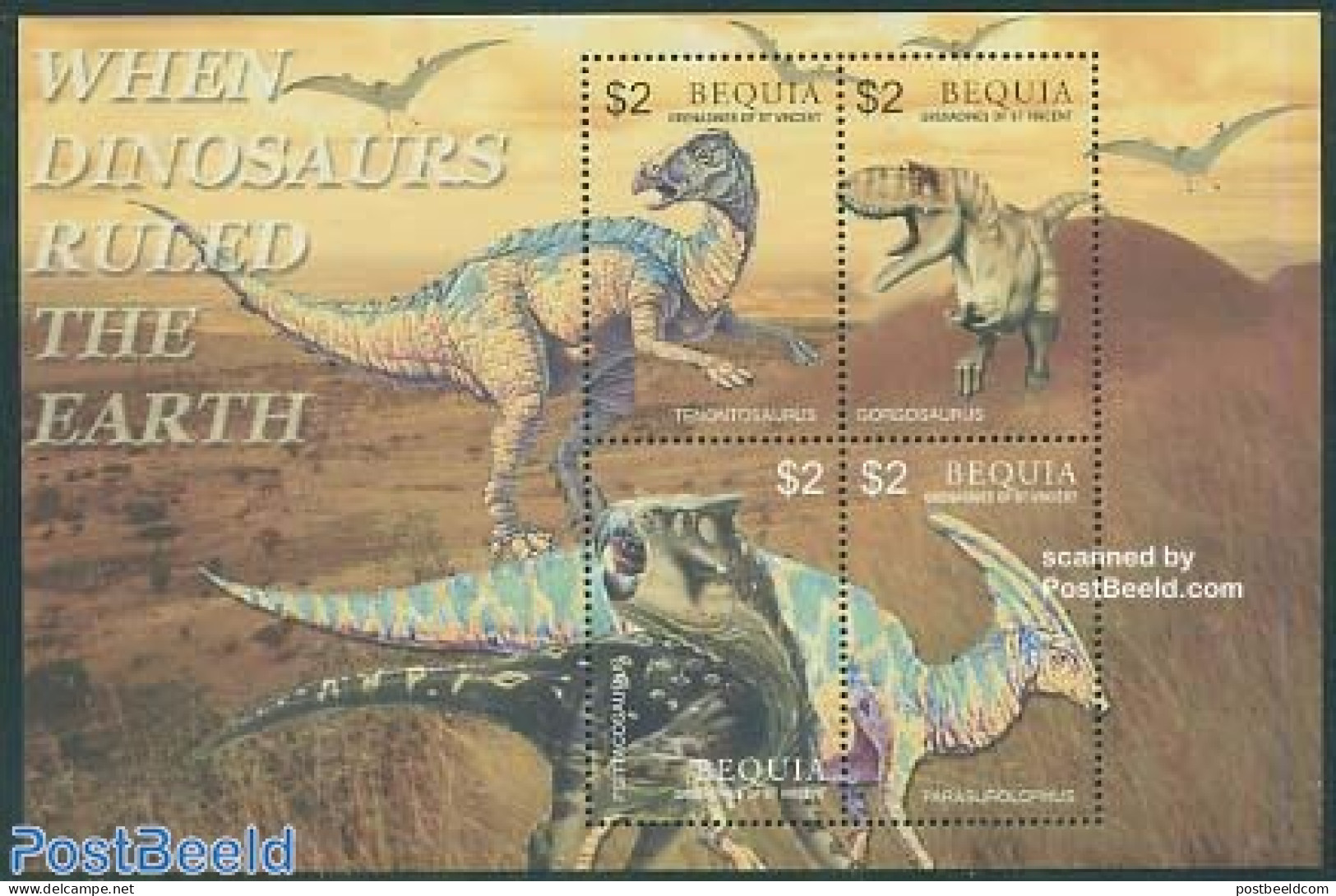 Saint Vincent & The Grenadines 2005 Bequia Preh. Animals 4v M/s, Tenontosaurus, Mint NH, Nature - Prehistoric Animals - Préhistoriques