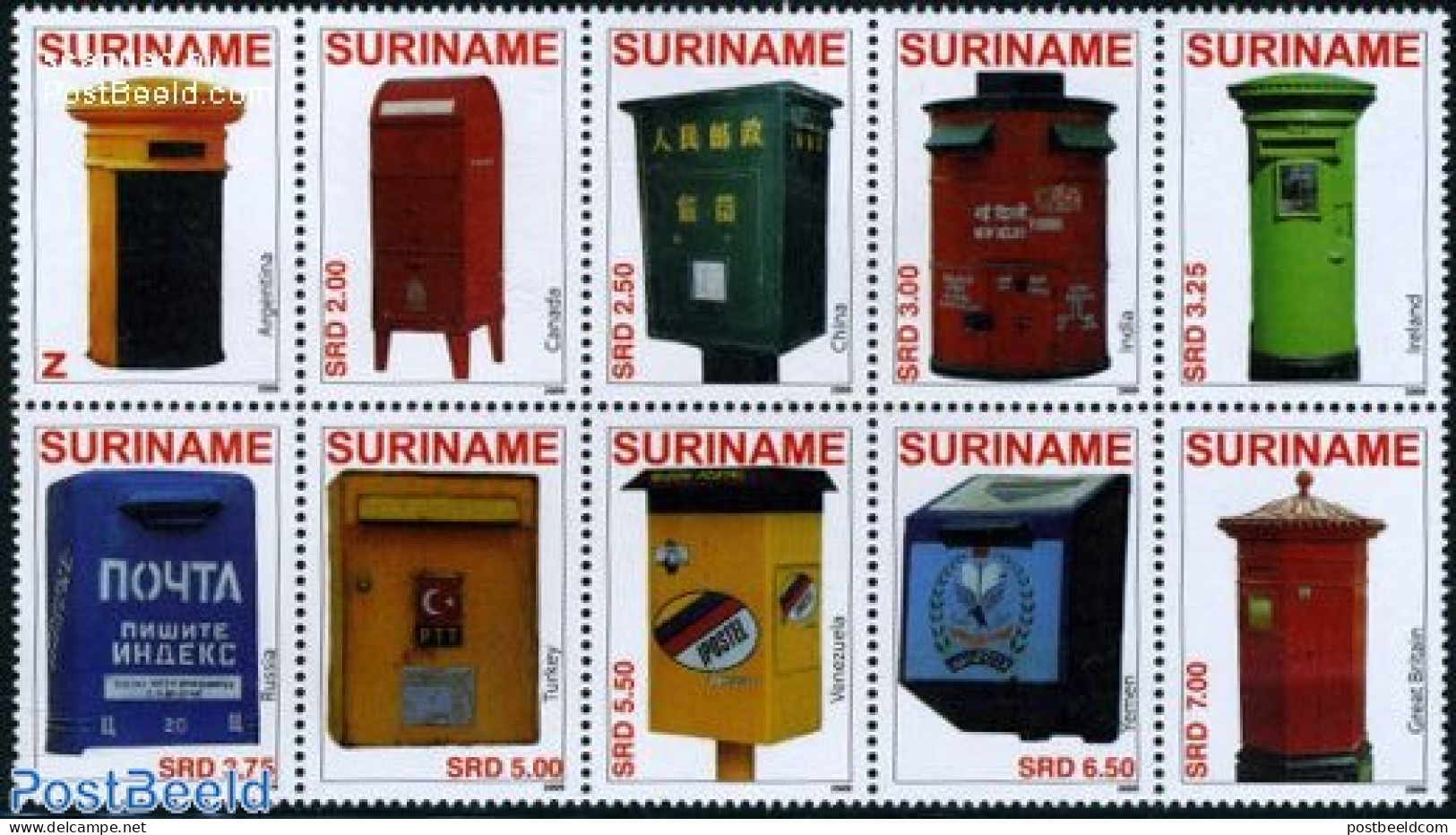 Suriname, Republic 2009 Post Boxes 10v [++++], Mint NH, Mail Boxes - Post - Correo Postal