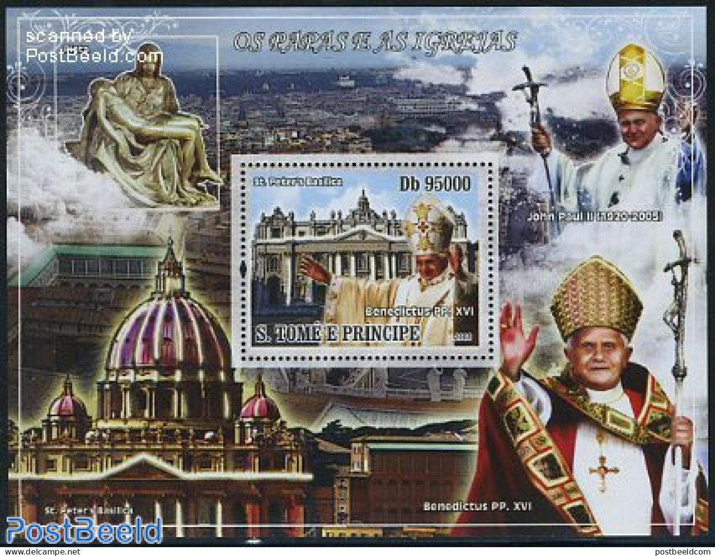Sao Tome/Principe 2008 Pope & Churches S/s, Mint NH, Religion - Churches, Temples, Mosques, Synagogues - Pope - Religion - Kerken En Kathedralen