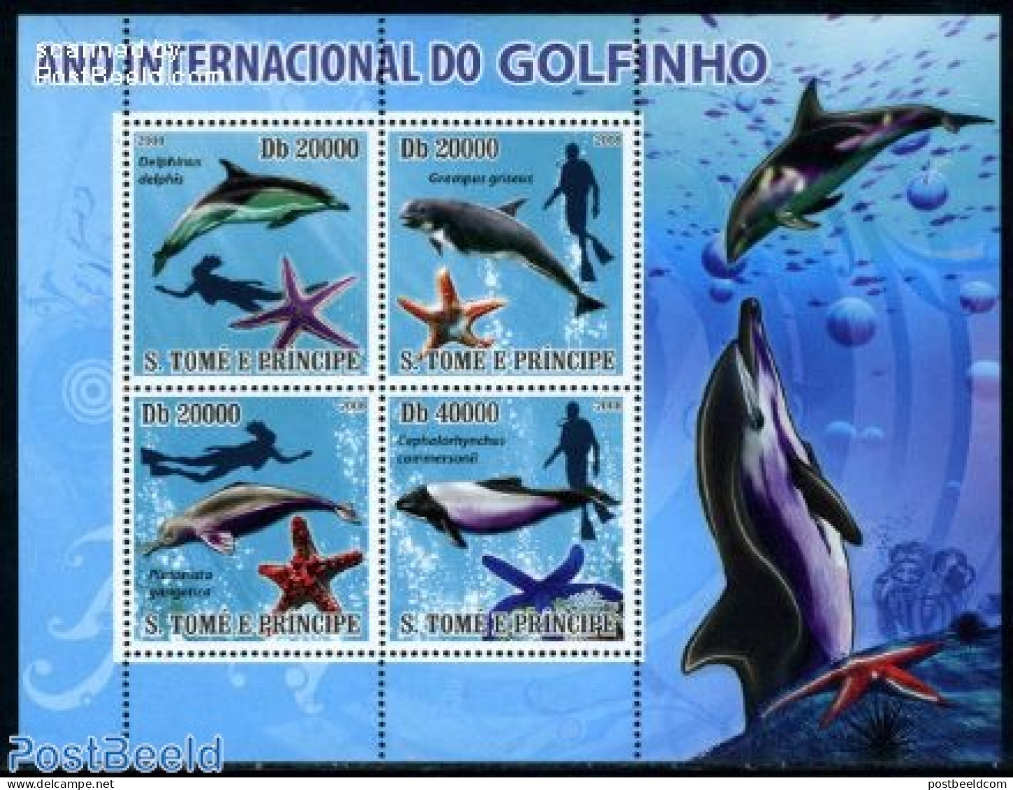 Sao Tome/Principe 2008 Dolphins 4v M/s, Mint NH, Nature - Sport - Sea Mammals - Diving - Diving