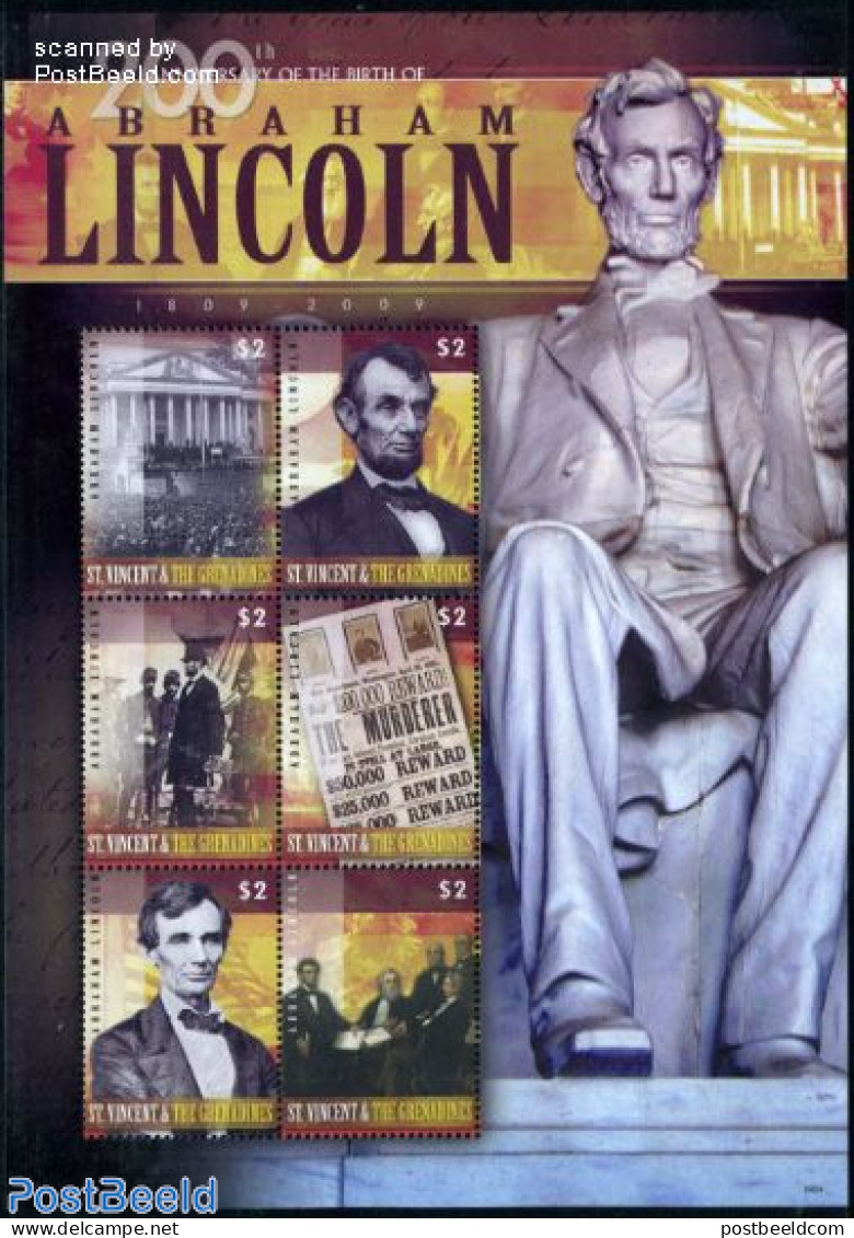Saint Vincent 2009 Abraham Lincoln 6v M/s, Mint NH, History - American Presidents - St.Vincent (1979-...)