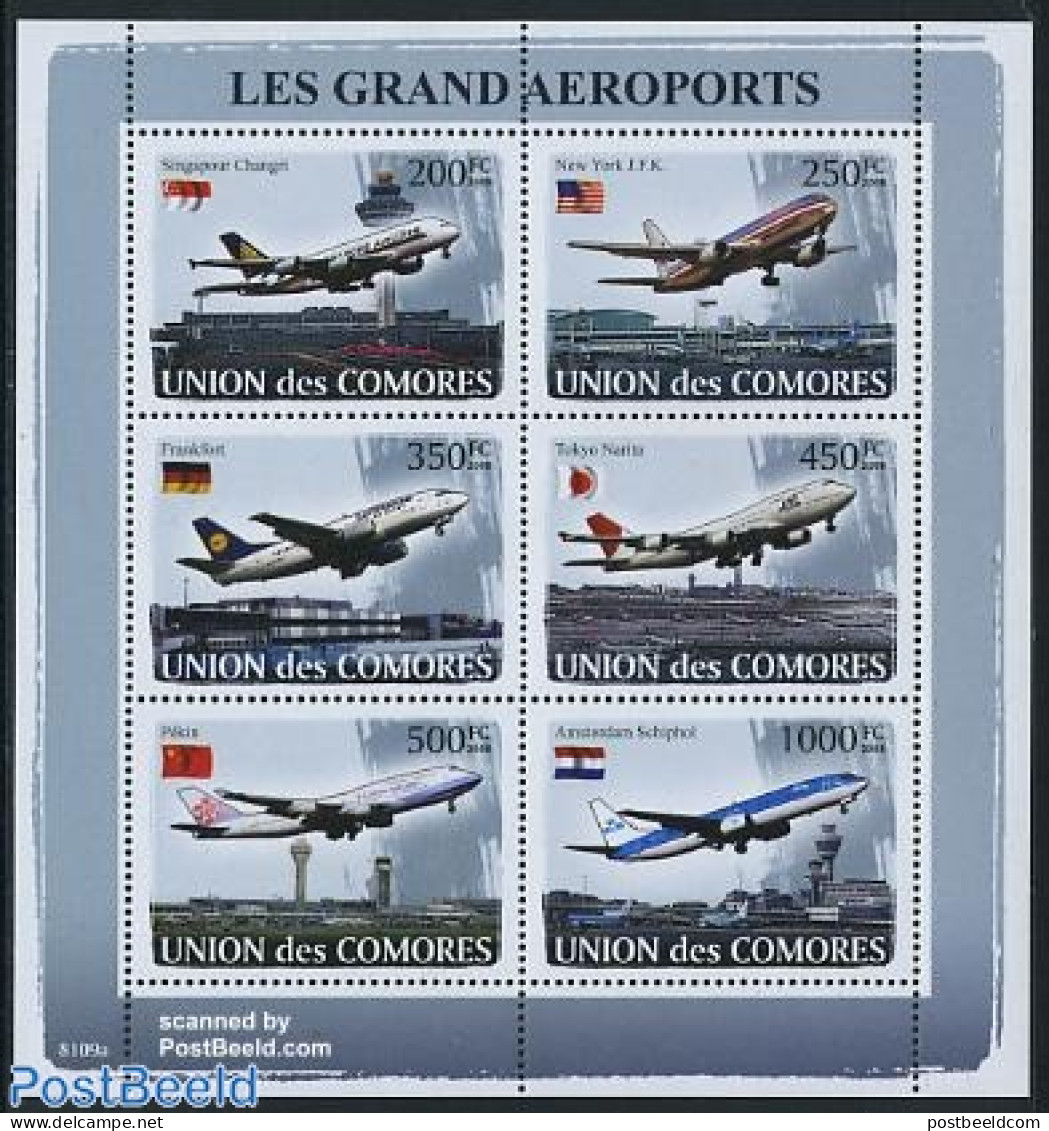 Comoros 2008 Airports 6v M/s, Mint NH, History - Transport - Flags - Netherlands & Dutch - Aircraft & Aviation - Géographie