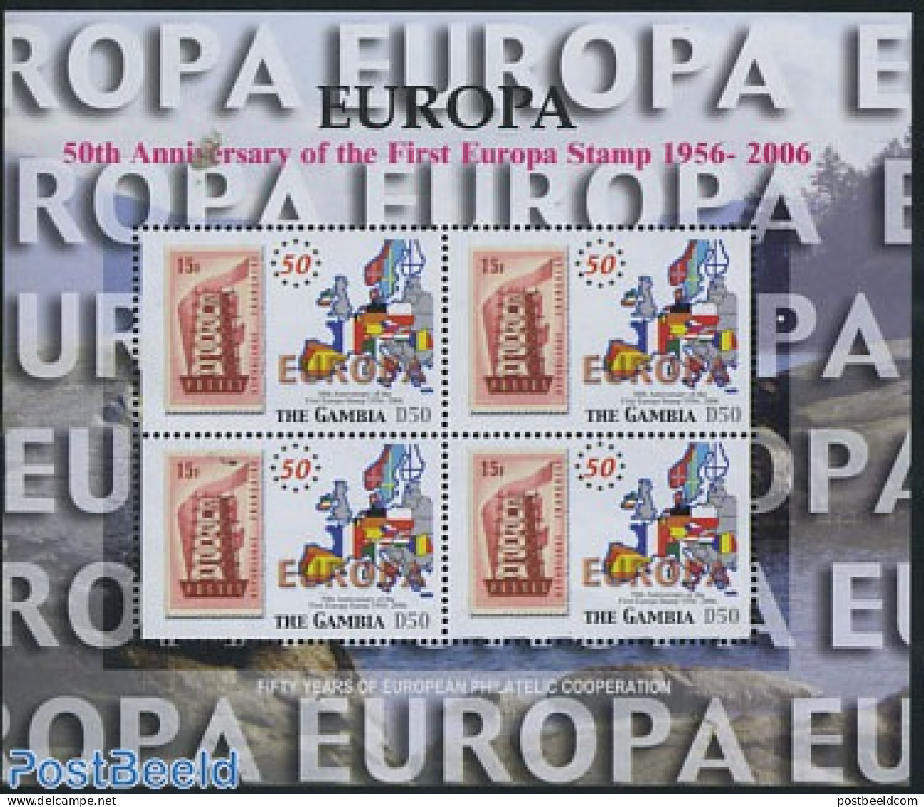 Gambia 2005 Europe 4v M/s, Mint NH, History - Europa Hang-on Issues - Stamps On Stamps - European Ideas