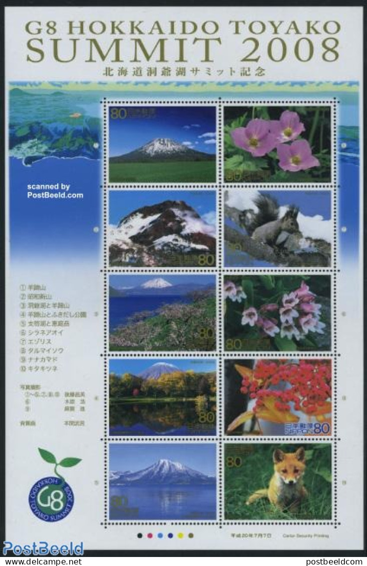 Japan 2008 G8 Summit Hokkaido 10v M/s, Mint NH, Nature - Sport - Animals (others & Mixed) - Flowers & Plants - Mountai.. - Unused Stamps