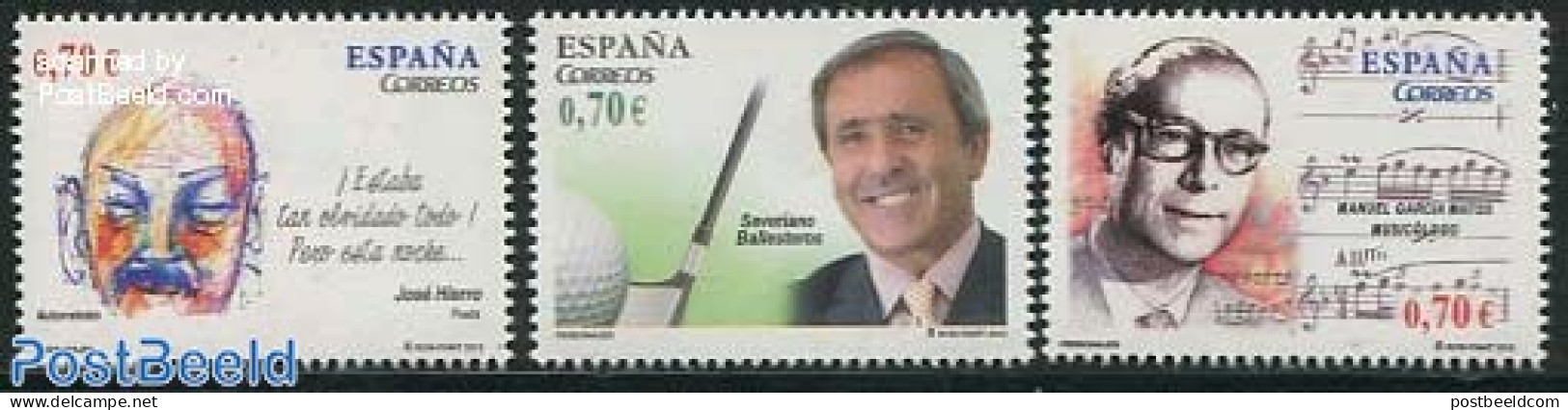 Spain 2012 Personalities 3v, Mint NH, Performance Art - Sport - Music - Staves - Golf - Sport (other And Mixed) - Art .. - Unused Stamps