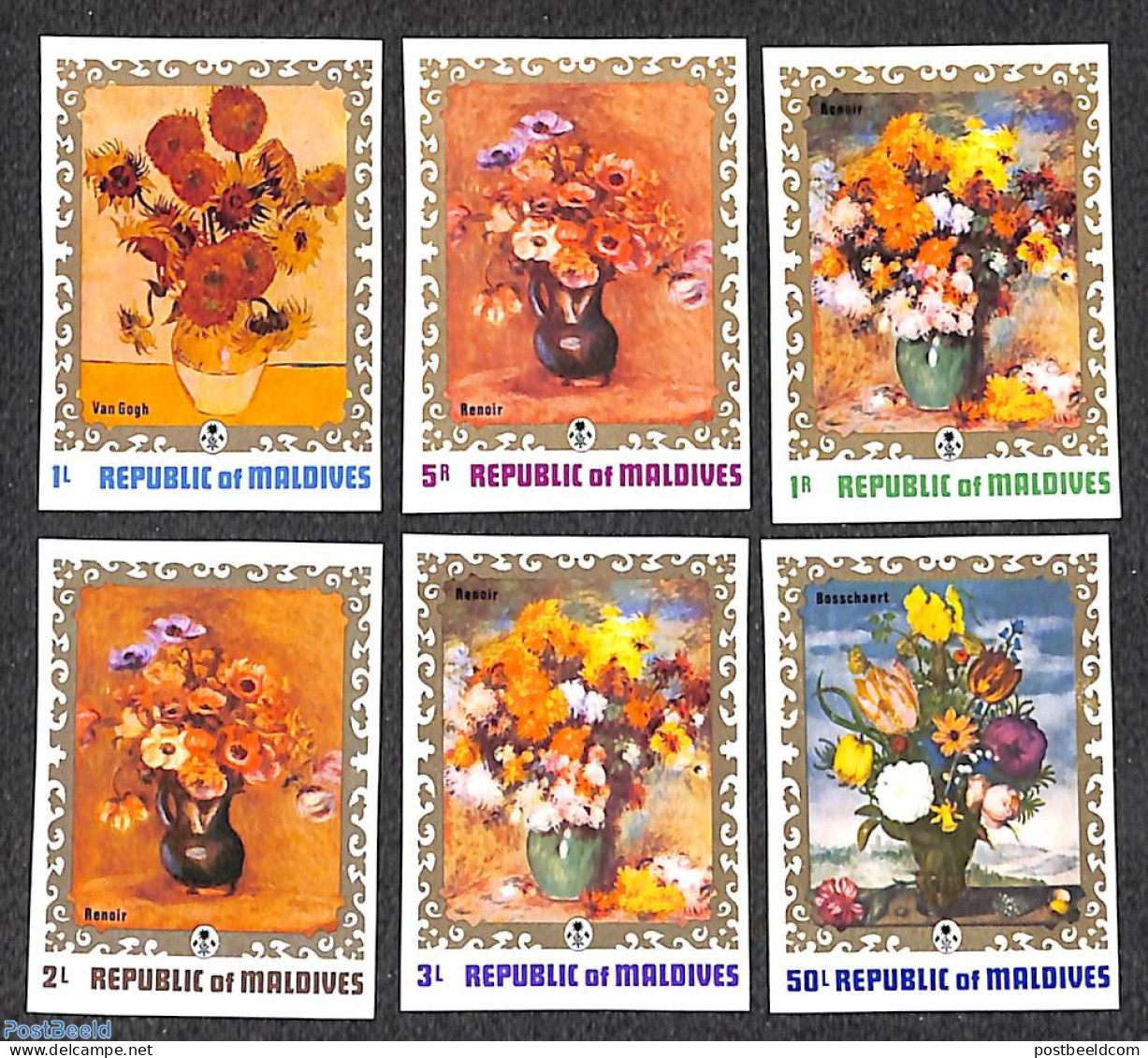 Maldives 1973 Flower Paintings 6v Imperforated, Mint NH, Nature - Flowers & Plants - Art - Paintings - Vincent Van Gogh - Maldiven (1965-...)